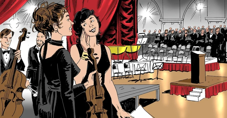 Illustration of two women in evening gowns holding string instruments, standing in front of an orchestra and an audience in formal wear.