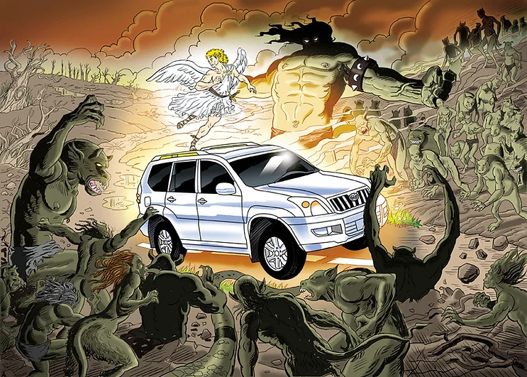Illustration of a white SUV being protected by an angel from monsters on a desolate road with a sunset background.