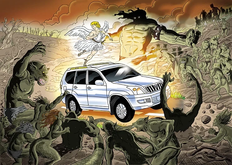 Illustration of a white SUV being protected by an angel from monsters on a desolate road with a sunset background.