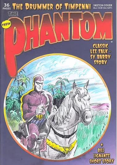 Comic book cover illustration features The Phantom riding a horse in a jungle setting, rendered in a sketch style with visible text and colors.
