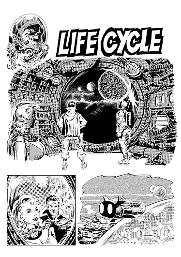 Black-and-white comic book illustration featuring futuristic spacecraft and figures, set against a backdrop of planets and cityscapes.