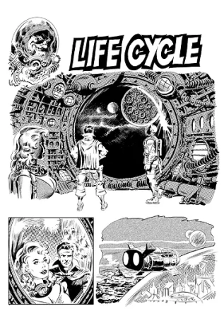 Black-and-white comic book illustration featuring futuristic spacecraft and figures, set against a backdrop of planets and cityscapes.