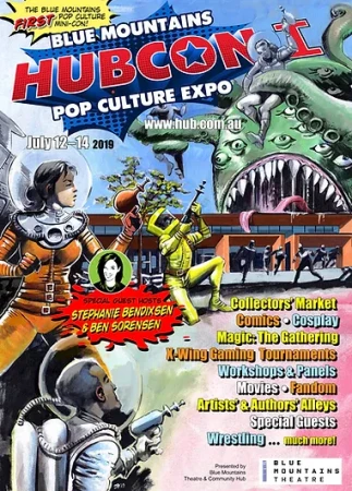 Comic book style poster for the Blue Mountains HubCon Pop Culture Expo, featuring illustrations of people in space suits and monsters.