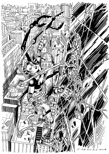 Illustration of a woman with mechanical arms swinging through a city, rendered in black and white with heavy line work and cross-hatching.