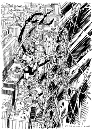 Illustration of a woman with mechanical arms swinging through a city, rendered in black and white with heavy line work and cross-hatching.