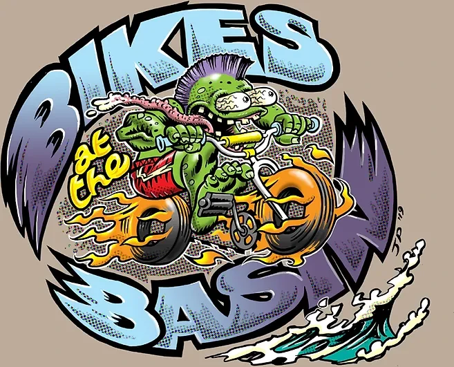 Cartoon of a monster riding a flaming tricycle, with stylized text "BIKES BASH" in shades of blue and purple on a tan background.