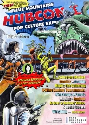 Pop culture expo poster illustration by Jason Paulos featuring astronauts, a green alien monster, and text details.