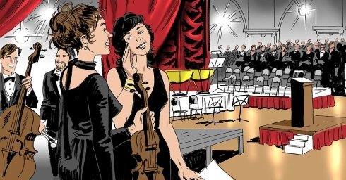 Comic illustration by Jason Paulos showing musicians on stage with a seated choir and orchestra behind them.