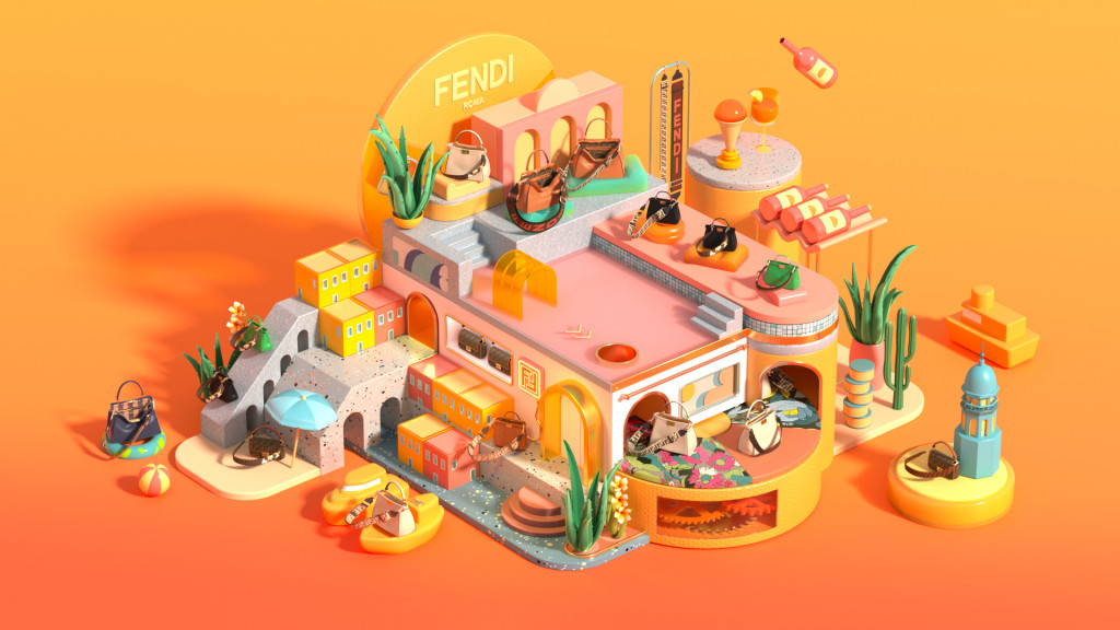 Isometric illustration of Fendi handbags on a multi-tiered architectural display against an orange gradient background, showcasing luxury fashion.