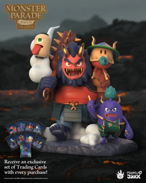 Monster Parade Wave 01 figures by Riego Toyoda against a blurred volcano backdrop, with trading cards and the Mighty Jaxx logo.