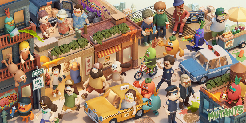 Cartoon rendition of a city street filled with diverse anthropomorphic characters and vehicles, rendered in a whimsical style.