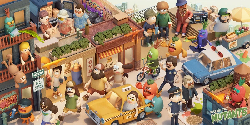 Cartoon rendition of a city street filled with diverse anthropomorphic characters and vehicles, rendered in a whimsical style.