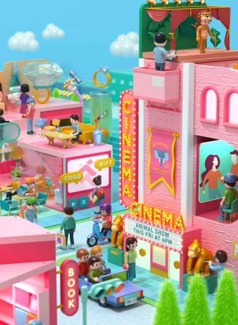 Miniature cityscape with figures enjoying shops, a cinema showing an animal show, and various leisure activities under a blue sky.