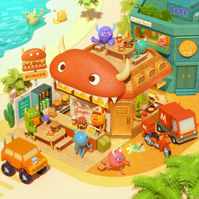 Whimsical 3D rendering of monster-themed burger restaurant at the beach, featuring playful cartoon monsters, food truck, and lively color palette.