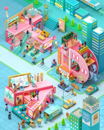 Isometric illustration of a whimsical urban scene with buildings, shops, people, and vehicles in a pastel color palette.