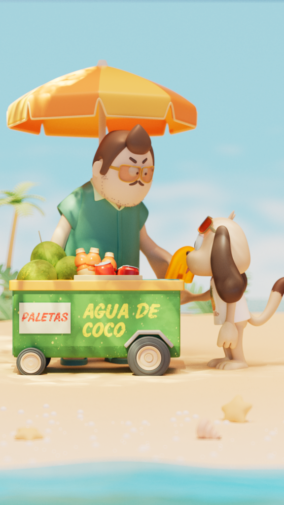 Animated scene of a man selling paletas from a cart to a dog on a beach with palm trees under a blue sky with light clouds.