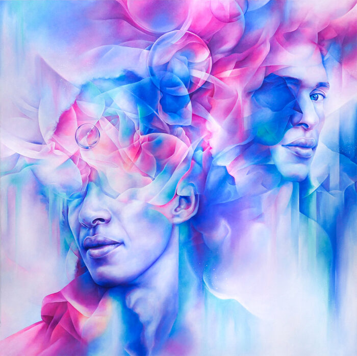 Abstract portrait of two adult males, rendered in blue and pink hues with fluid shapes and a dreamy, ethereal feel.