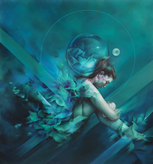 Artistic image of a female figure with floral elements, a glass orb, and floating butterflies in a turquoise color palette.