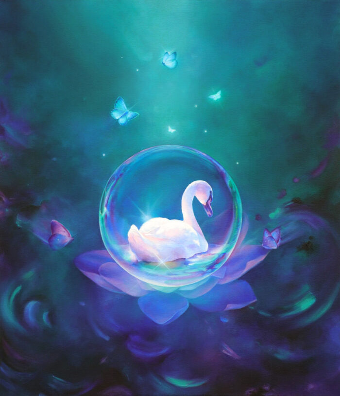 Whimsical digital painting of a swan inside a bubble, resting on a lotus flower, with blue butterflies on a teal and blue backdrop.