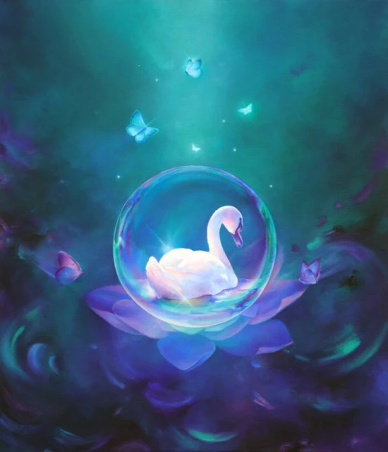 Whimsical digital painting of a swan inside a bubble, resting on a lotus flower, with blue butterflies on a teal and blue backdrop.