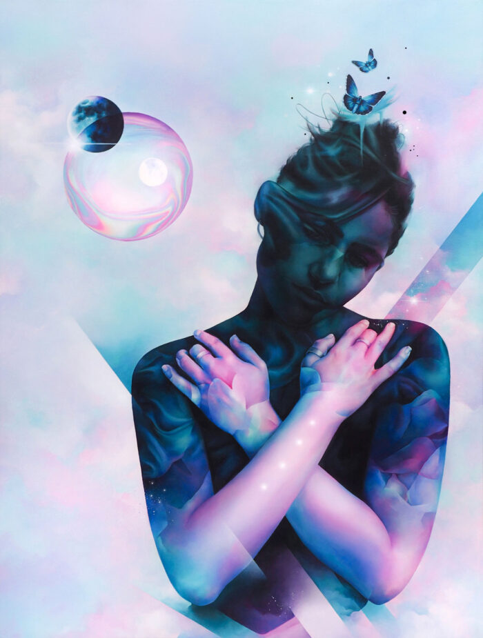 Digitally manipulated portrait of a woman with overlaid effects, butterflies, celestial orbs, and dreamy, surreal sky background.
