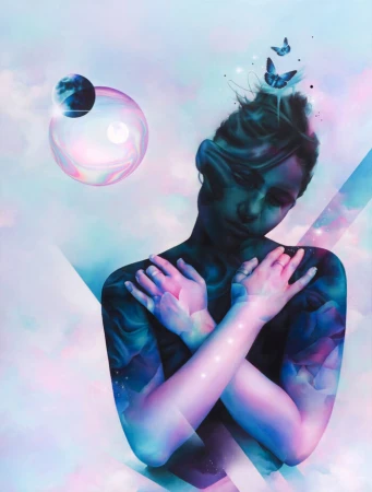 Digitally manipulated portrait of a woman with overlaid effects, butterflies, celestial orbs, and dreamy, surreal sky background.