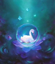 A white swan resting inside a transparent soap bubble floating above a lotus flower surrounded by glowing butterflies and deep blue water.