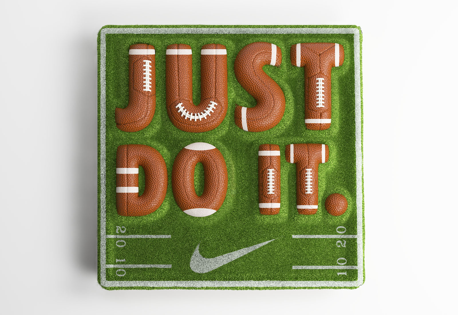 Creative still life of football-textured letters spelling "Just Do It" on an American football field backdrop. Sports and motivation.
