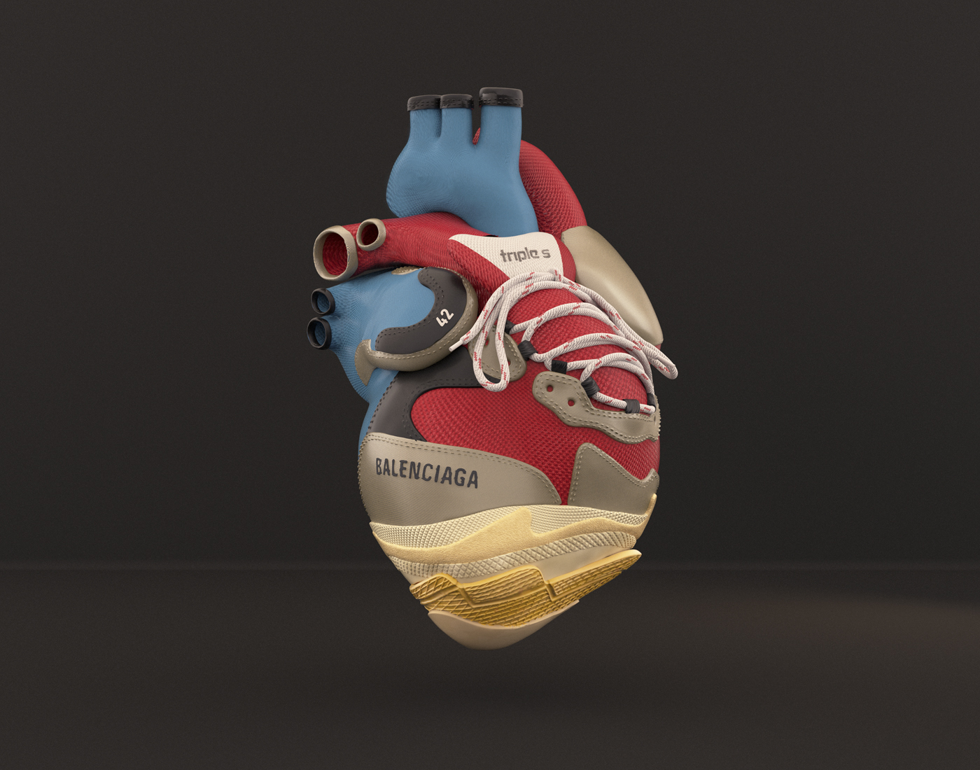 Surreal art piece: a human heart constructed from Balenciaga sneakers and sneaker components against a dark gradient background.