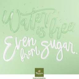 CGI typography spelling out Water is free, even from sugar in glossy green and white lettering against a pale green background.