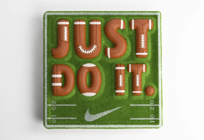 CGI artwork by CESS spelling JUST DO IT in football leather lettering on a green turf background with a Nike swoosh