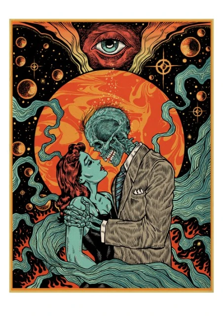 Surreal illustration featuring a skeleton in a suit embracing a woman against a cosmic backdrop with an all-seeing eye above them.