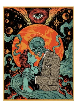 Surreal illustration featuring a skeleton in a suit embracing a woman against a cosmic backdrop with an all-seeing eye above them.