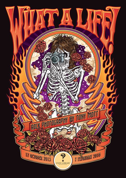 Illustration of a skeleton taking a picture, surrounded by roses and flames, promoting the 'Rock Photography by Tony Mott' exhibit.