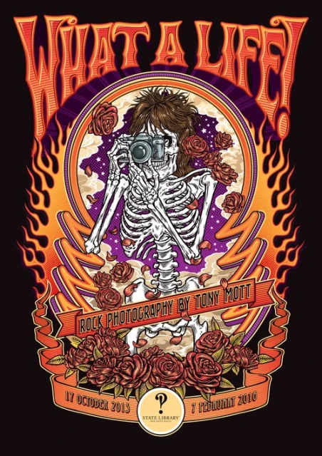 Illustration of a skeleton taking a picture, surrounded by roses and flames, promoting the 'Rock Photography by Tony Mott' exhibit.
