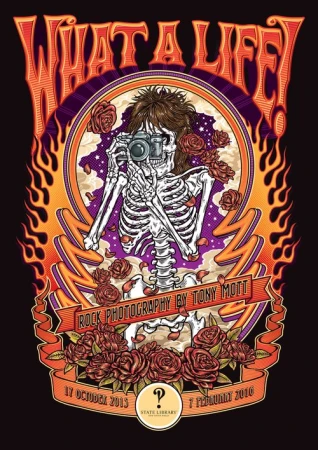 Illustration of a skeleton taking a picture, surrounded by roses and flames, promoting the 'Rock Photography by Tony Mott' exhibit.