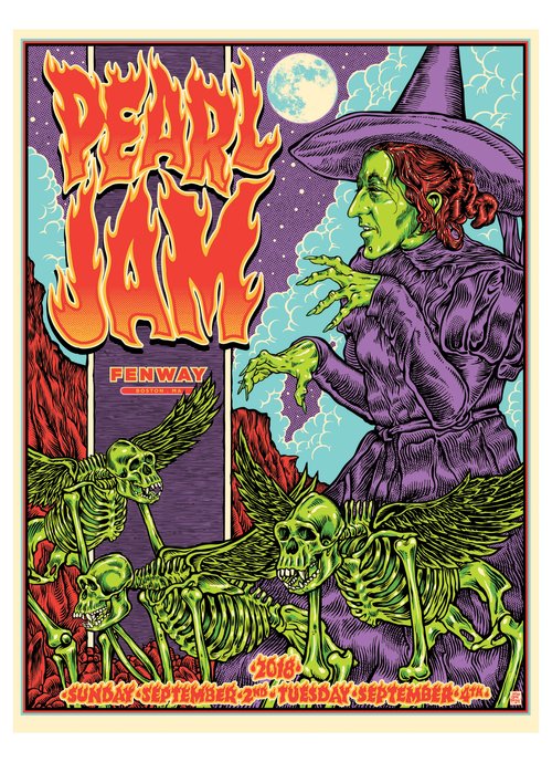 Illustration of a green-skinned witch in purple robes, skeletons with wings, and 'Pearl Jam' text in fiery letters on a purple background.