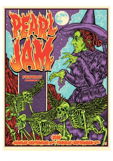 Illustration of a green-skinned witch in purple robes, skeletons with wings, and 'Pearl Jam' text in fiery letters on a purple background.