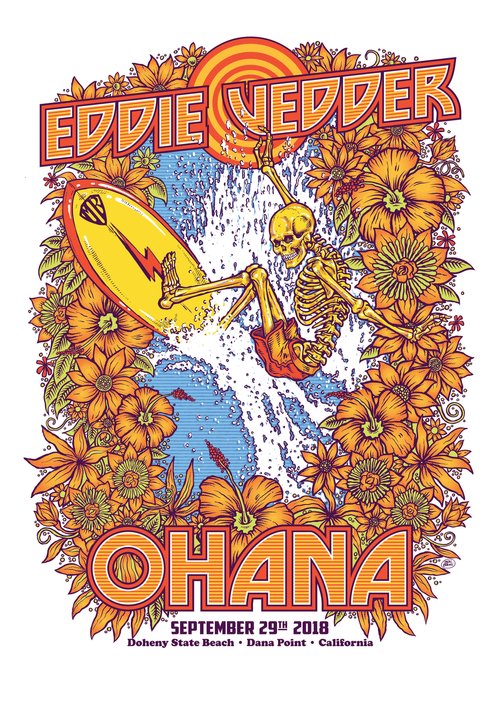 Illustration with Eddie Vedder's name, flowers, a skeleton surfing on a yellow board, and wave details against a white background.
