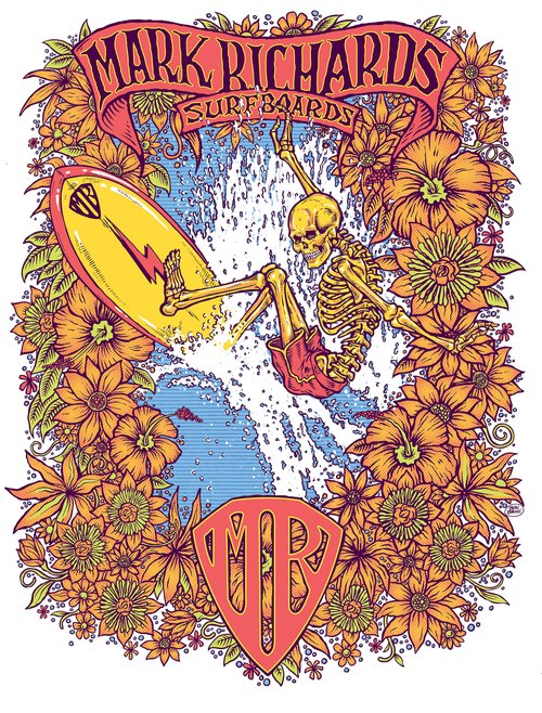 Whimsical art illustration of surfing skeleton on board amid flowers and ocean, with surfboard brand logo and vintage typography.