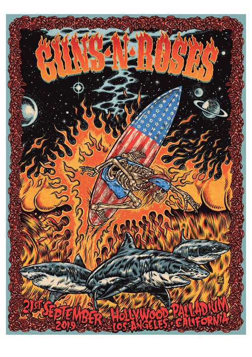 Illustration for Guns N' Roses concert featuring a skeleton surfing above sharks, set against a cosmic backdrop with a rose border.