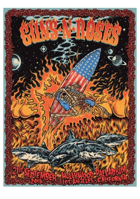 Illustration for Guns N' Roses concert featuring a skeleton surfing above sharks, set against a cosmic backdrop with a rose border.