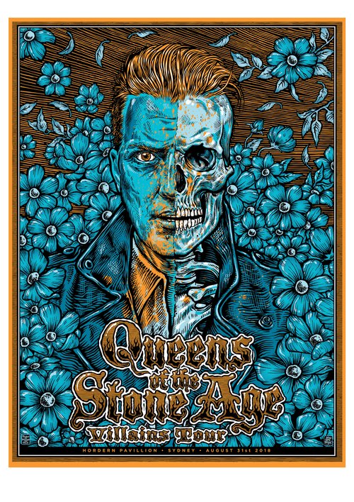 Illustration of Queens of the Stone Age Villains Tour poster featuring a half-human, half-skeleton face surrounded by teal flowers.