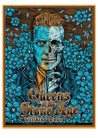 Illustration of Queens of the Stone Age Villains Tour poster featuring a half-human, half-skeleton face surrounded by teal flowers.