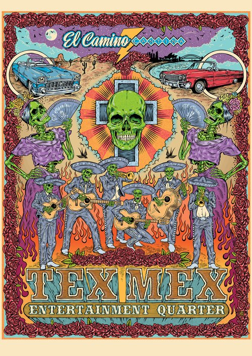 Illustration of musicians as skeletons with sombreros and guitars, performing below a cross and classic cars with the words El Camino and Tex Mex.