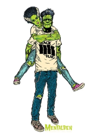 Illustration of Frankenstein giving the Bride of Frankenstein a piggyback ride, both wearing ripped jeans and t-shirts on a white background.