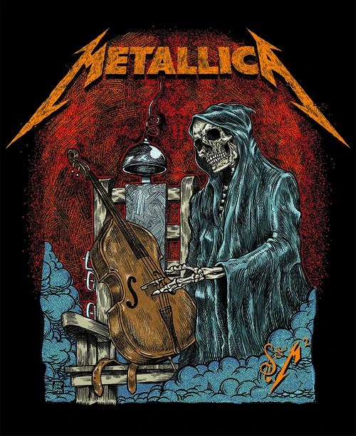 Illustration of a skeleton in a hooded cloak sitting on a chair next to a cello, with the Metallica logo above, and blue smoke below.