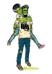 Illustration of Frankenstein monster carrying the Bride of Frankenstein on his back, wearing graphic t-shirt and jeans