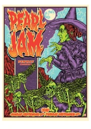 Illustrated concert poster featuring a green-skinned witch in a purple hat and winged skeletal monkeys under a full moon