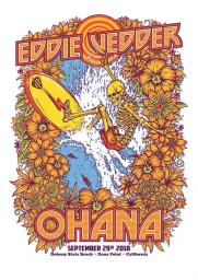 An illustrated concert poster by Ben Brown featuring a skeleton surfing on an ocean wave surrounded by vibrant orange tropical flowers.